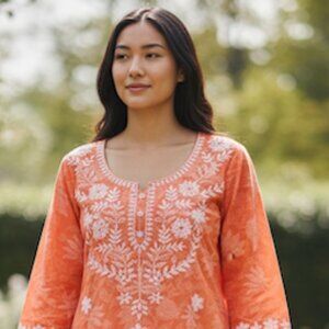 Hand Embroidered Floral Printed Orange Cotton Lucknowi Chikankari Co-ord-set